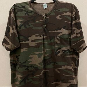 Vintage 80s 90s Army Camouflage Single Stitch Henley Pocket Tee